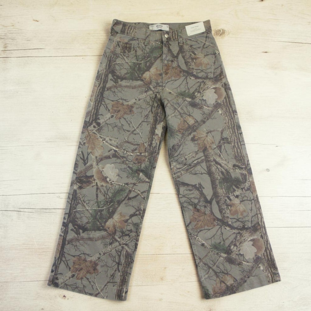 Hollister Super Baggy Jeans Women 28 Camo Forest Print Stretch Xtra Wide Leg NWT